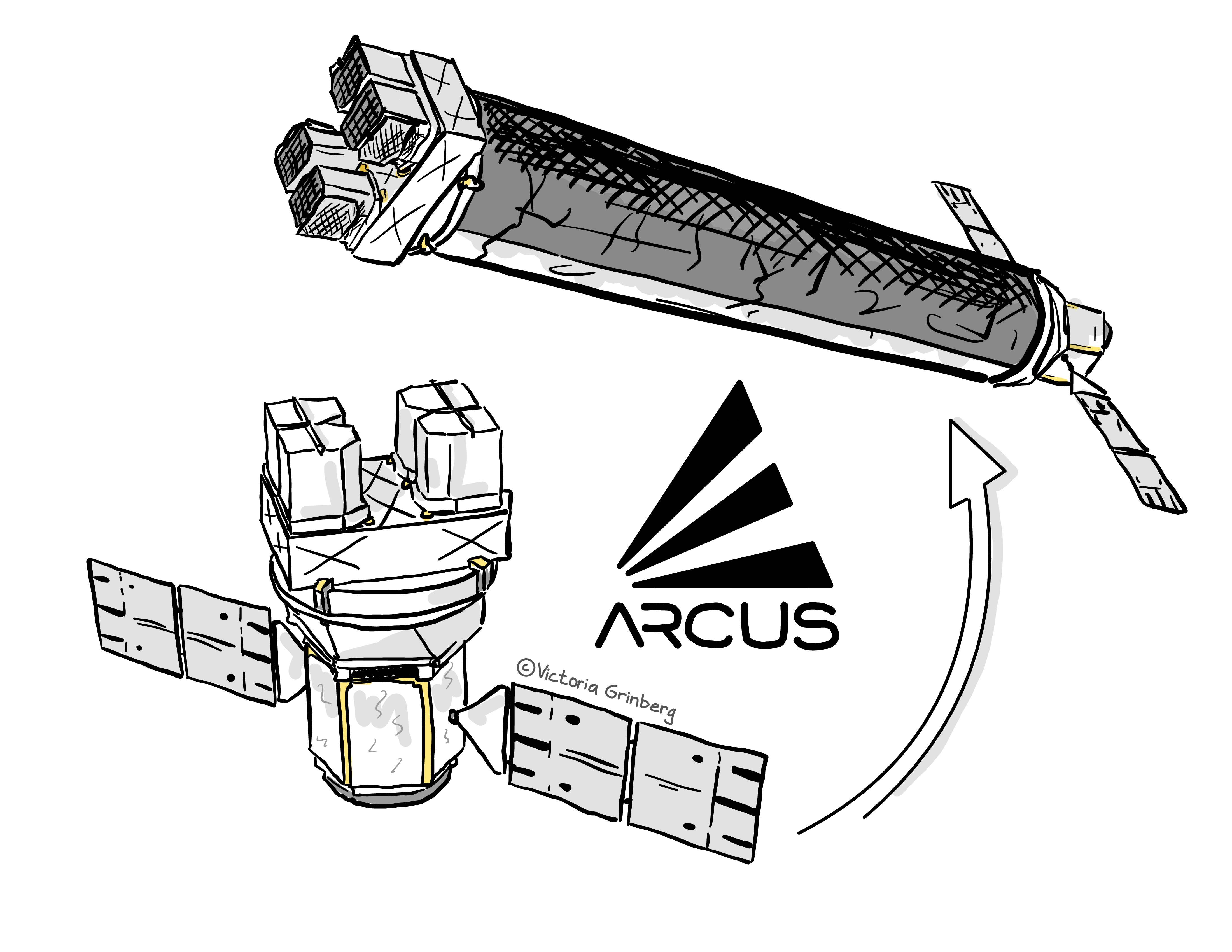 Black & white digital drawing of the the proposed Arcus X-ray observatory both in a launch configuration (stored, compact) and science configuration (boom extended, long telescope), with the Arcus prism-shaped logo.