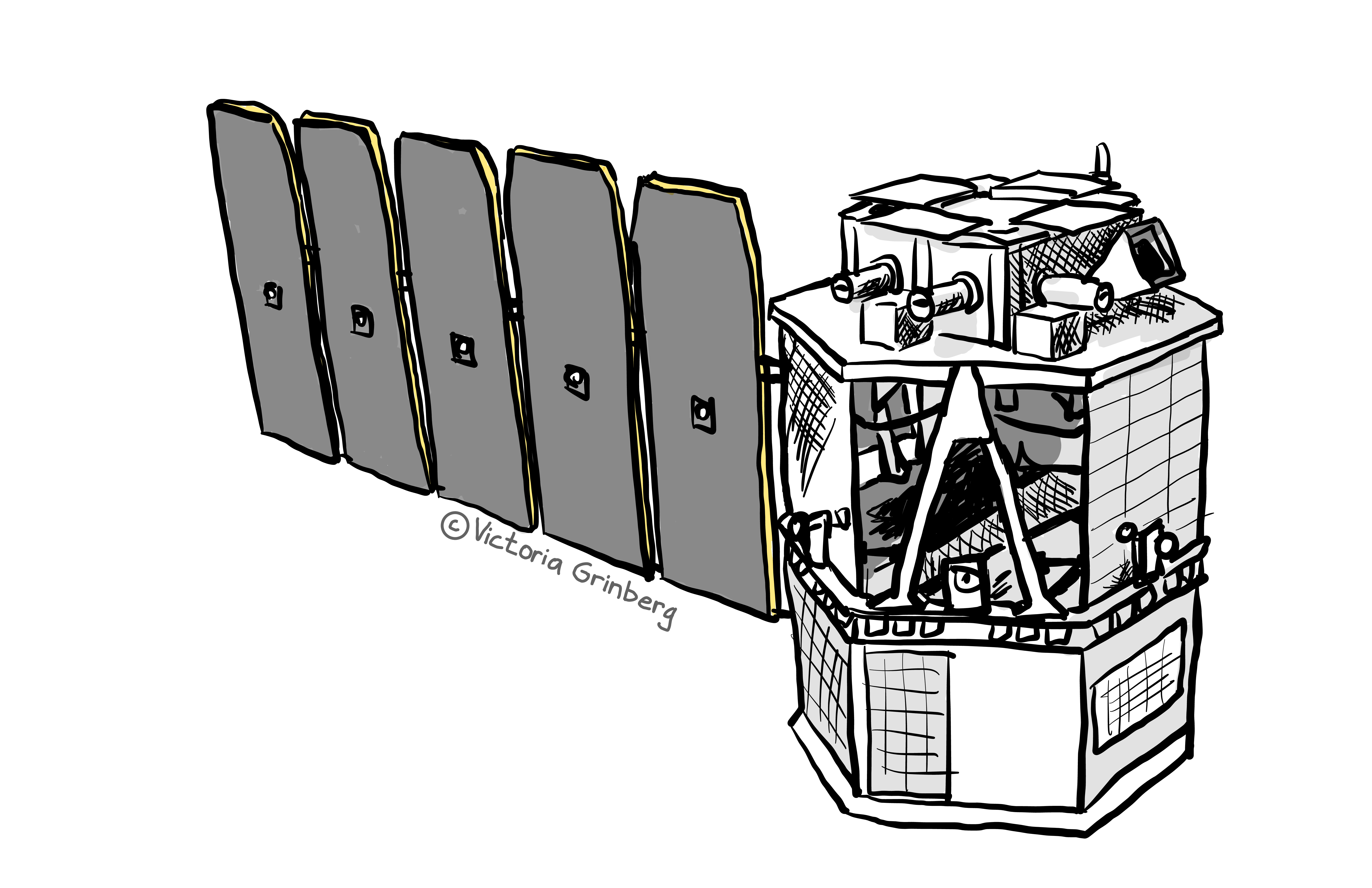A black & white drawing digital drawing of the COSI spacecraft - satellite with solar panel on the side. Some gold/yellow on the panels.