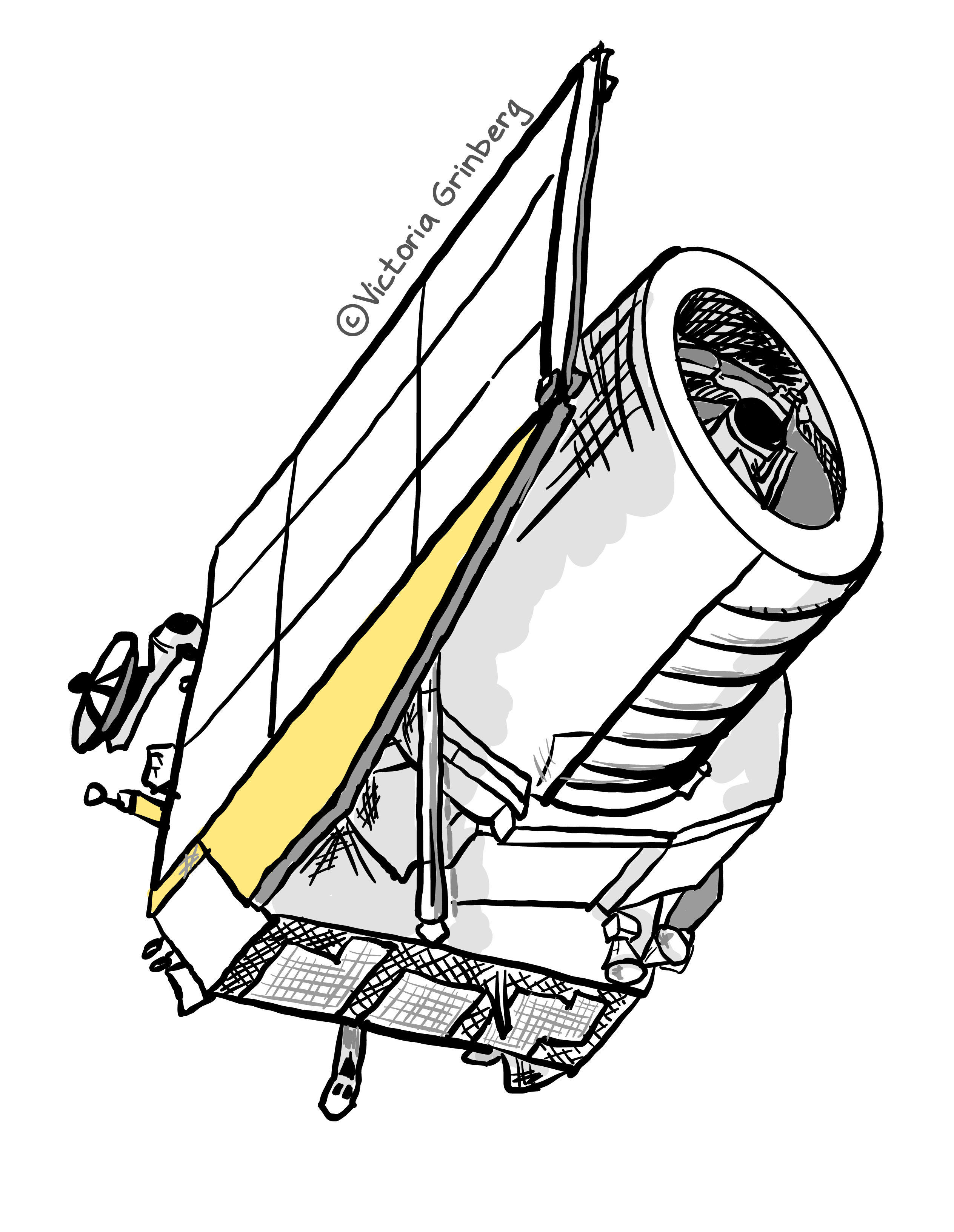 Digital sketch of ESA's Euclid telescope: black and white and grey, with some yellow/gold.