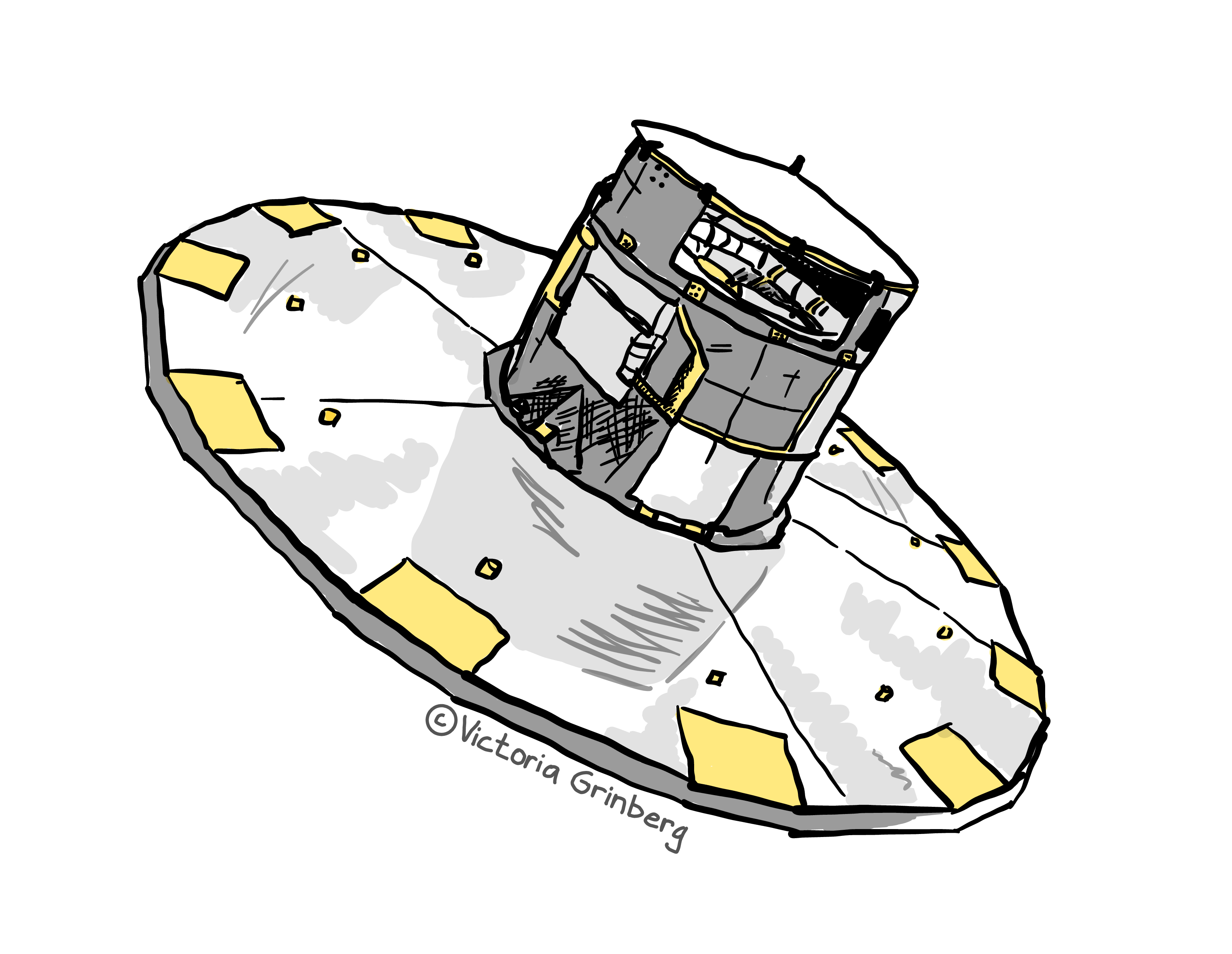 A black, grey & white sketch of ESA's Gaia satellite, with gold highlights.