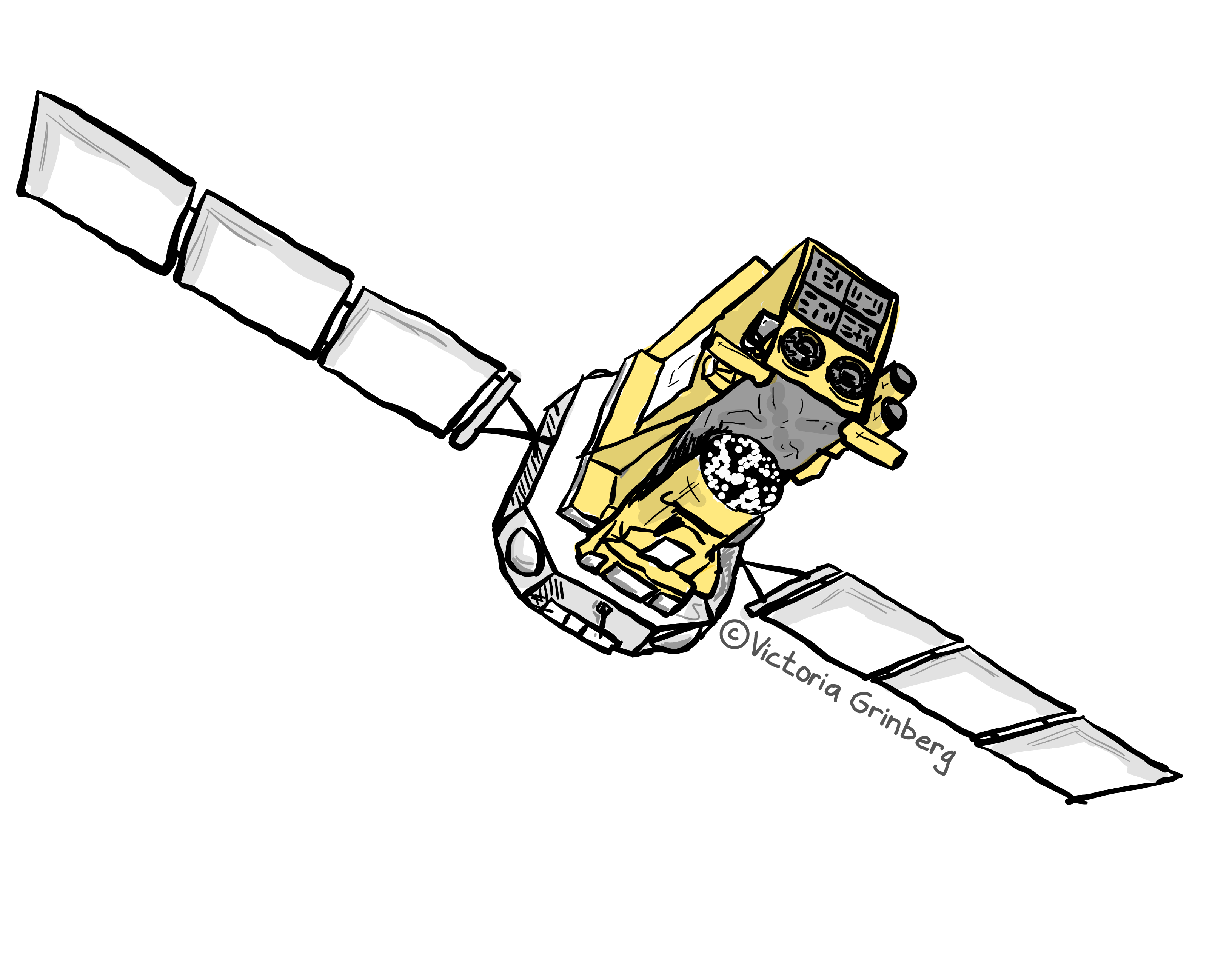 A mainly black & white sketch of ESA's INTEGRAL satellite with only grey using for some of the shading and yellow/gold for the gold foil that covers big parts of the satellite body.