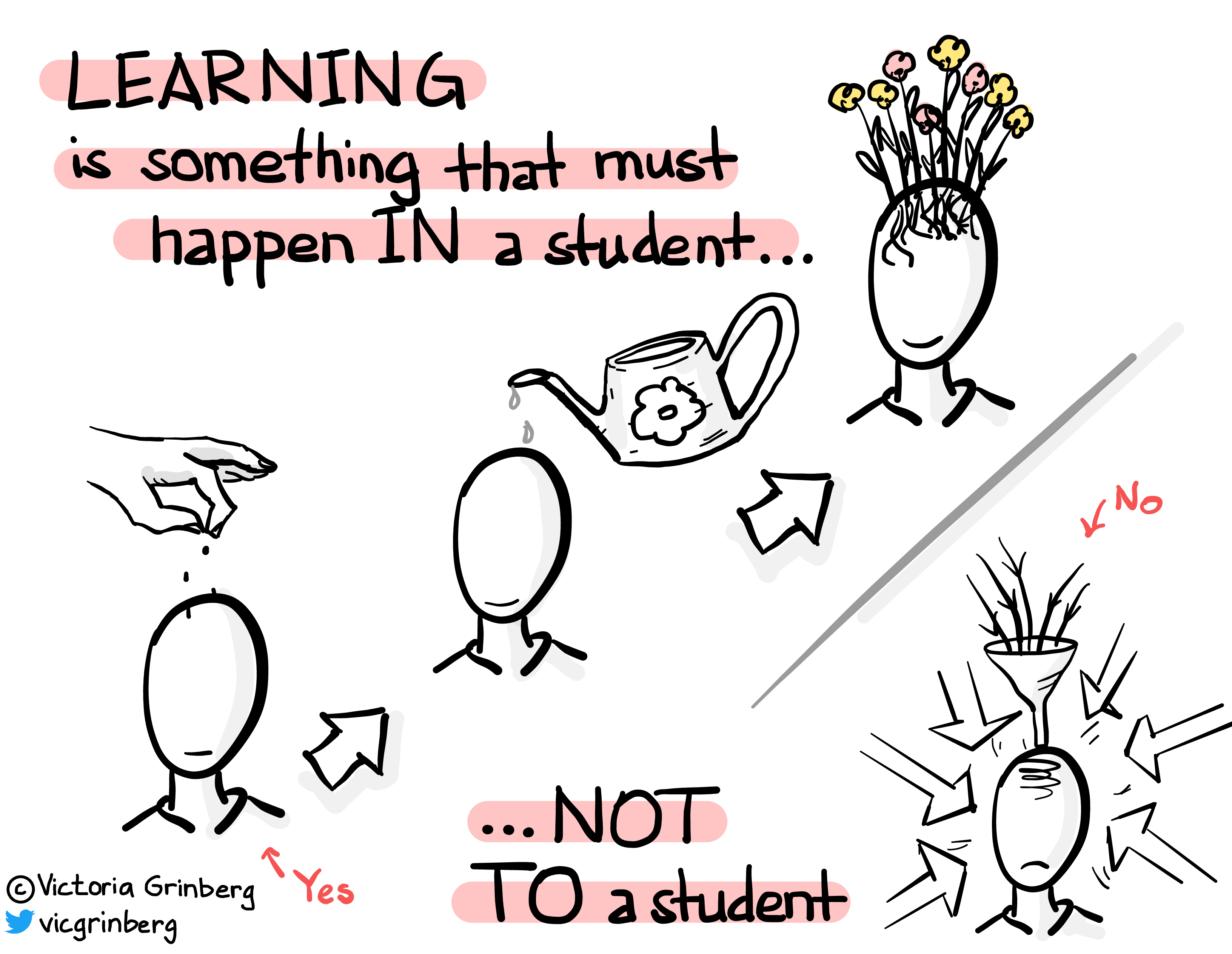 Text: 'Learning is something that must happen in a student, not to a student'. Two illustrations, one positive for the first part of the sentence, showing seeds being planted in a head, seeds being watered on a head and a head with beautiful flowers growing from it - this is how learning should happen. Second negative, showing a funnel going into a head with a lot of arrows besieging the same person - this is how learning should not happen.