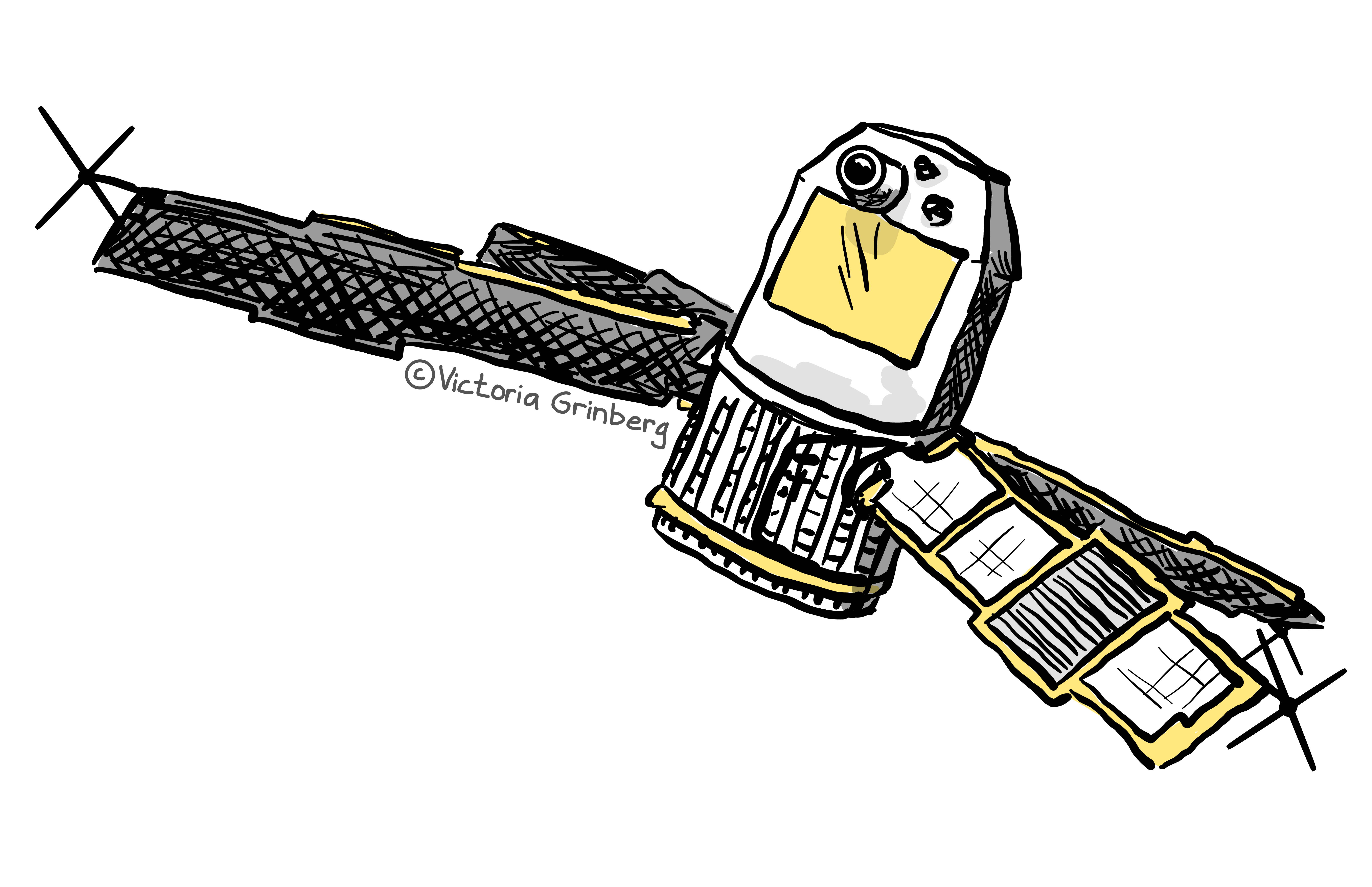 Digital sketch of the Uhuru satellite in black and grey, with some gold added for highlights.