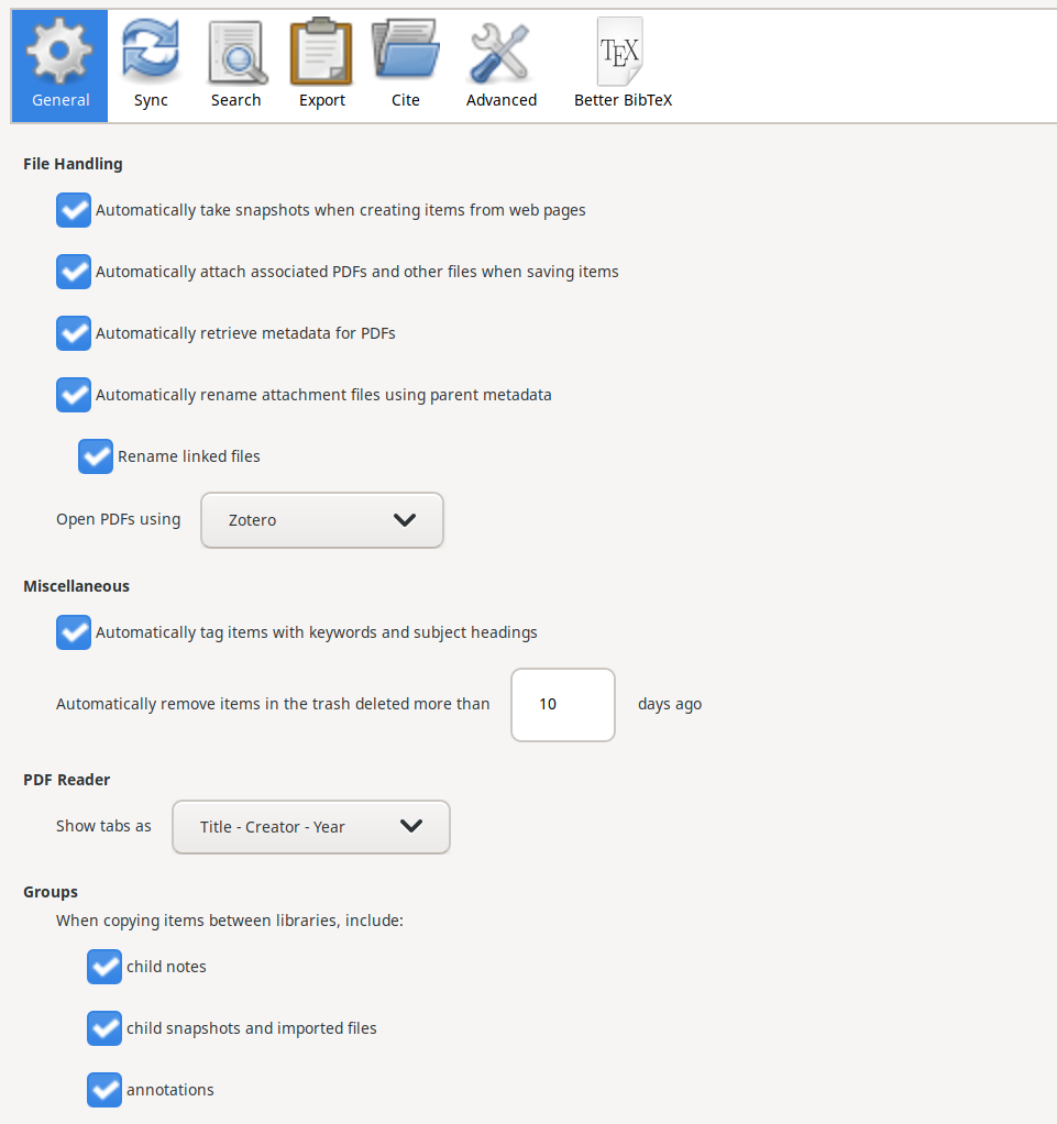recommended general options for zotero
