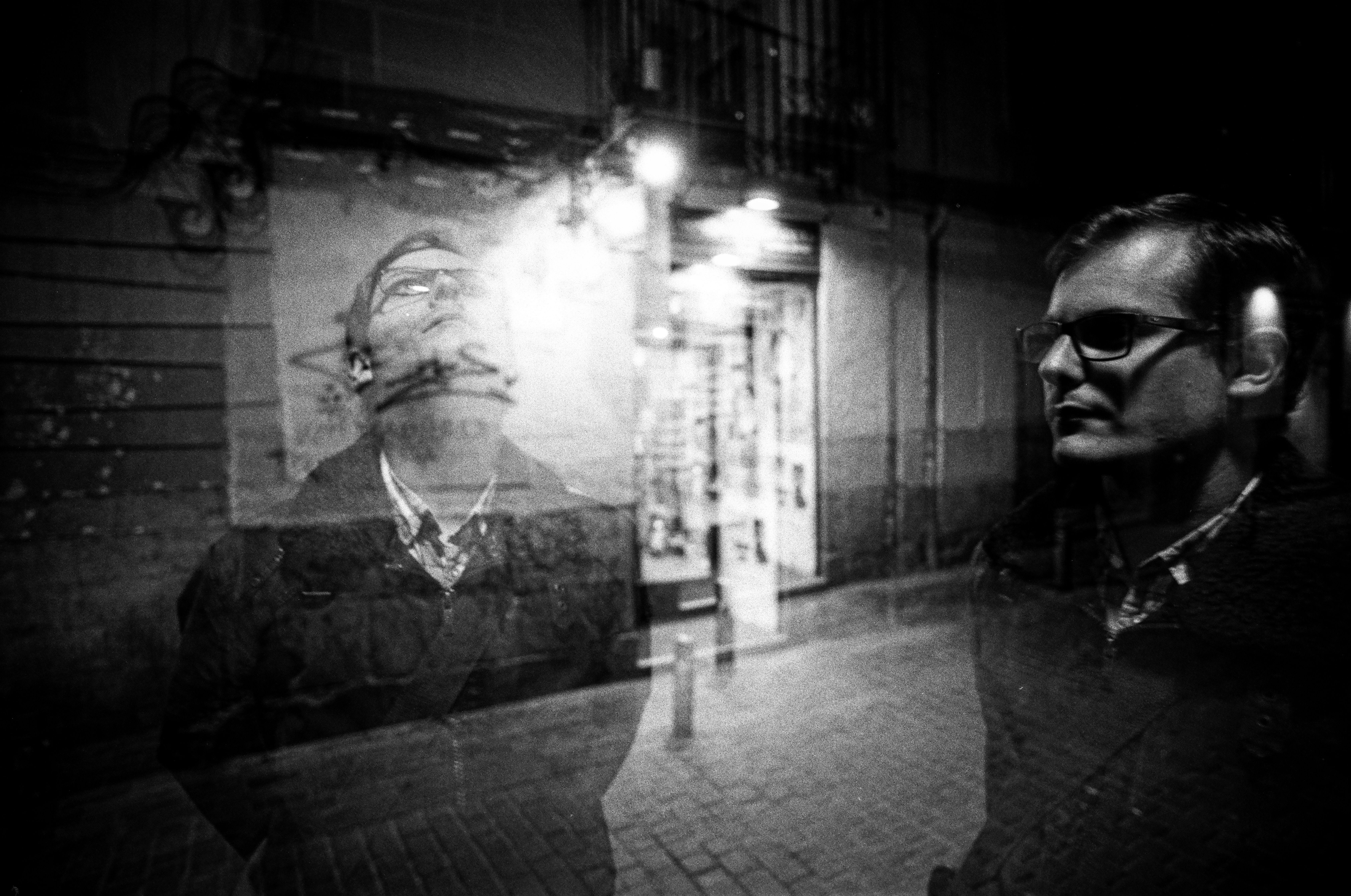 A double
	   exposure of David Otero in front of wall in Madrid (Leica
	   R9, Film: Ilford B&W ISO 125)