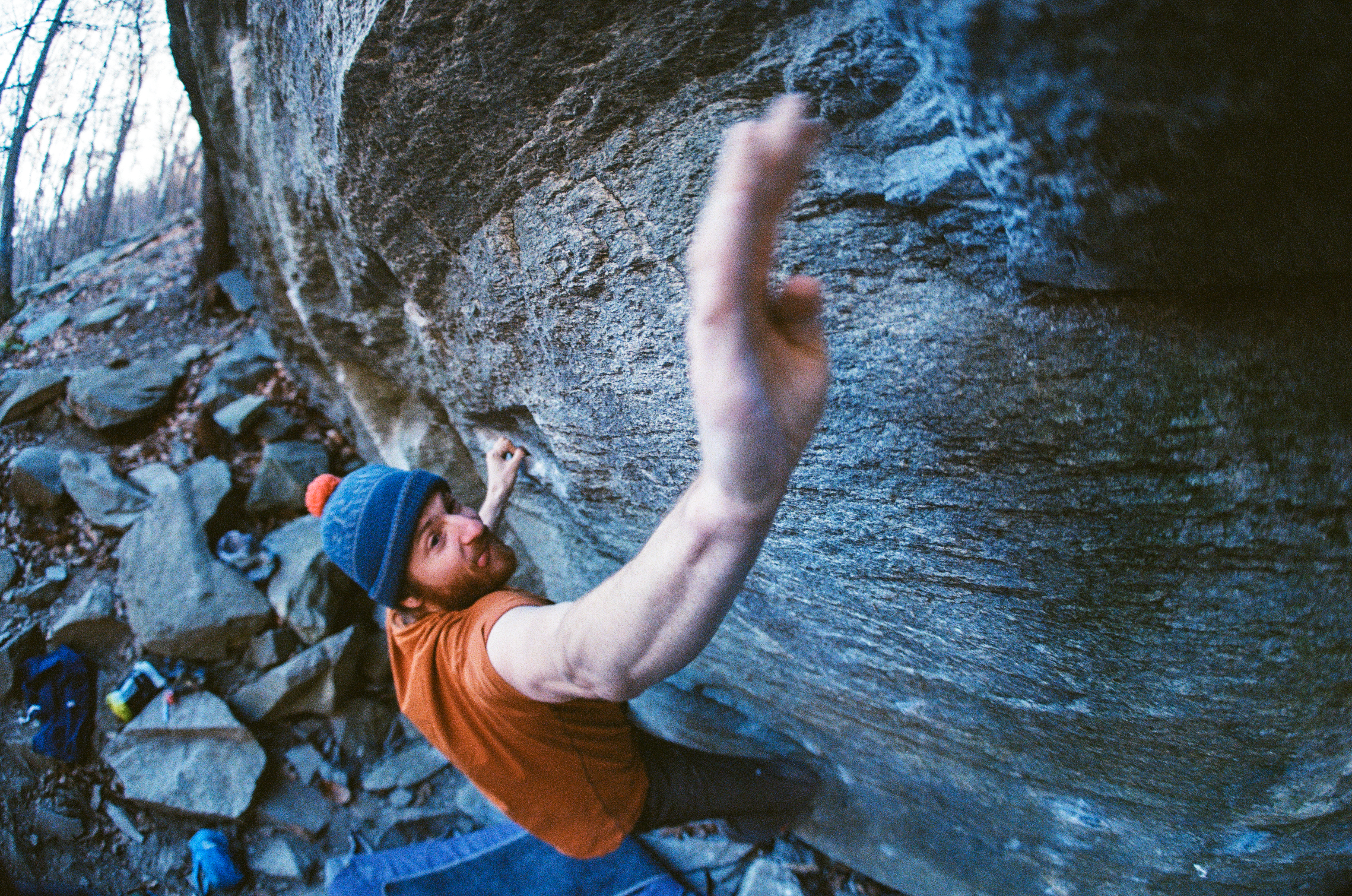 Tom in a 7a+ boulder
	   in the Tessin, Switzerland over New Years 2018/19 (Leica R9, Film:
	   Slide ISO 100)